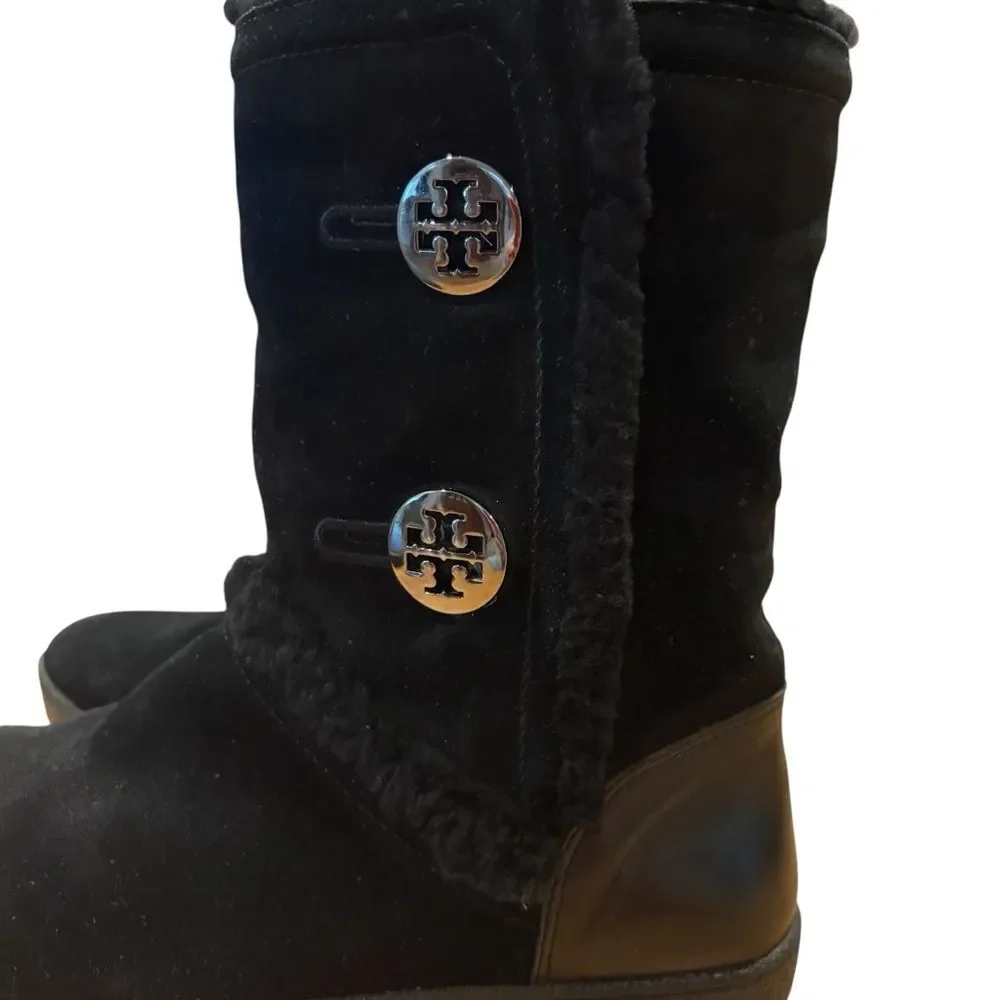 Tory Burch Black Winter Fur Boots with Logo Buttons 7.5